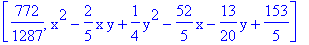 [772/1287, x^2-2/5*x*y+1/4*y^2-52/5*x-13/20*y+153/5]